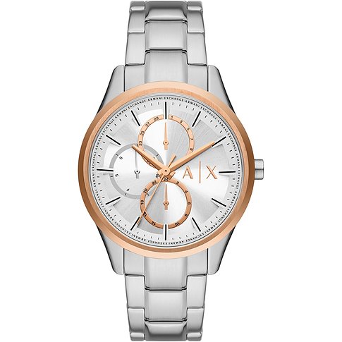Armani Exchange Herrenuhr mit Edelstahlgehäuse, silberfarben, analog, mit roséfarbener Lünette.