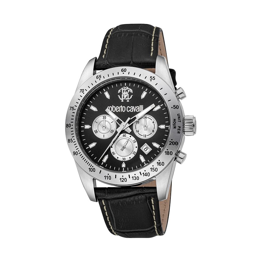 Roberto Cavalli Herrenuhr Uomo Chrono RC5G046L1015, Herren, Edelstahl, Armband: Leder, Quarz, analog