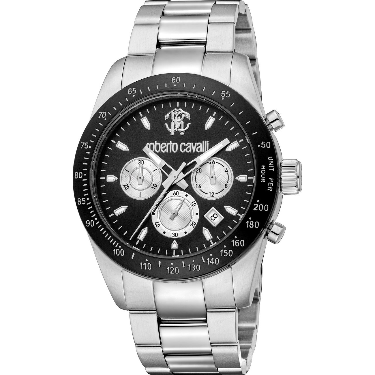 Just Cavalli Herrenuhr aus Edelstahl, frontale Ansicht. Die Uhr hat ein silbernes Gehäuse und ein schwarzes Zifferblatt.