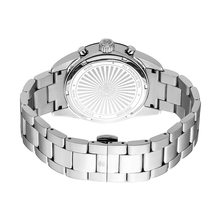 Rückansicht der Just Cavalli Herrenuhr aus Edelstahl mit filigraner Prägung auf dem Gehäuseboden.