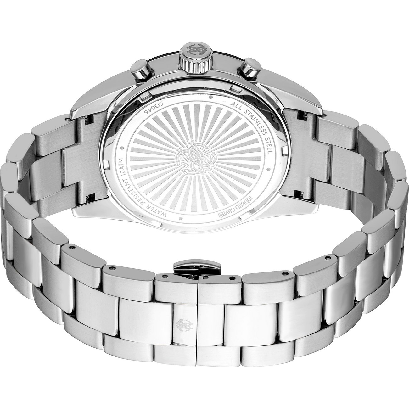 Rückansicht der Just Cavalli Herrenuhr aus Edelstahl mit filigraner Prägung auf dem Gehäuseboden.