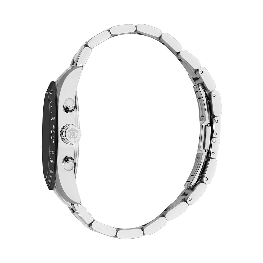 Seitenansicht der Just Cavalli Herrenuhr aus Edelstahl mit Chronographenfunktion und schwarzem Zifferblatt.