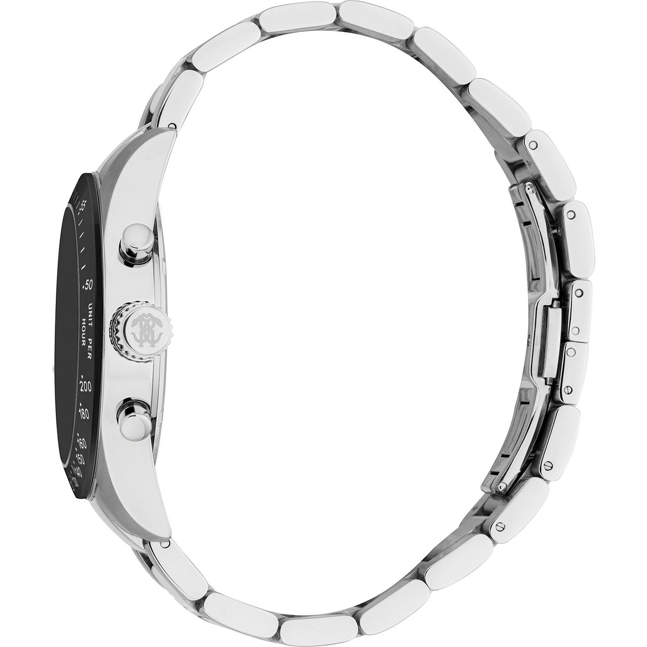 Seitenansicht der Just Cavalli Herrenuhr aus Edelstahl mit Chronographenfunktion und schwarzem Zifferblatt.