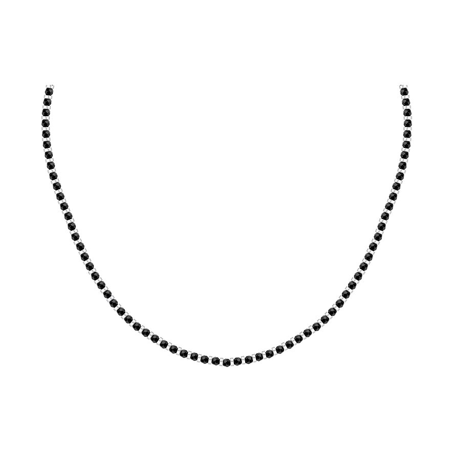 Morellato halsband i rostfritt stål med svarta agatfärgade stenar, placerade i U-form på vit bakgrund.