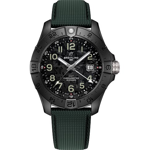 Breitling Herrenuhr aus Keramik mit schwarzem Gehäuse und grünem Stoffarmband, frontal abgebildet.