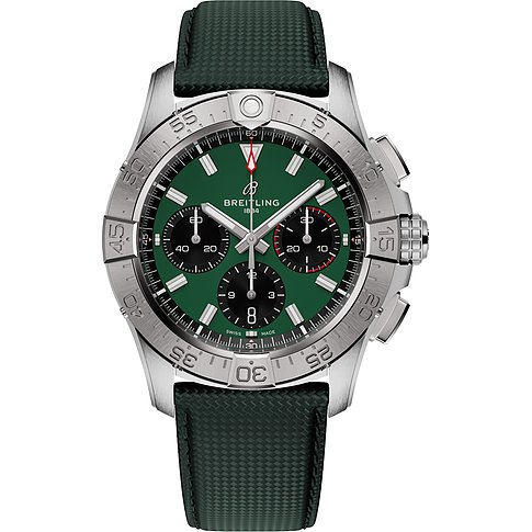 Breitling Herrenuhr mit Edelstahlgehäuse, grünem Zifferblatt und analoger Anzeige.