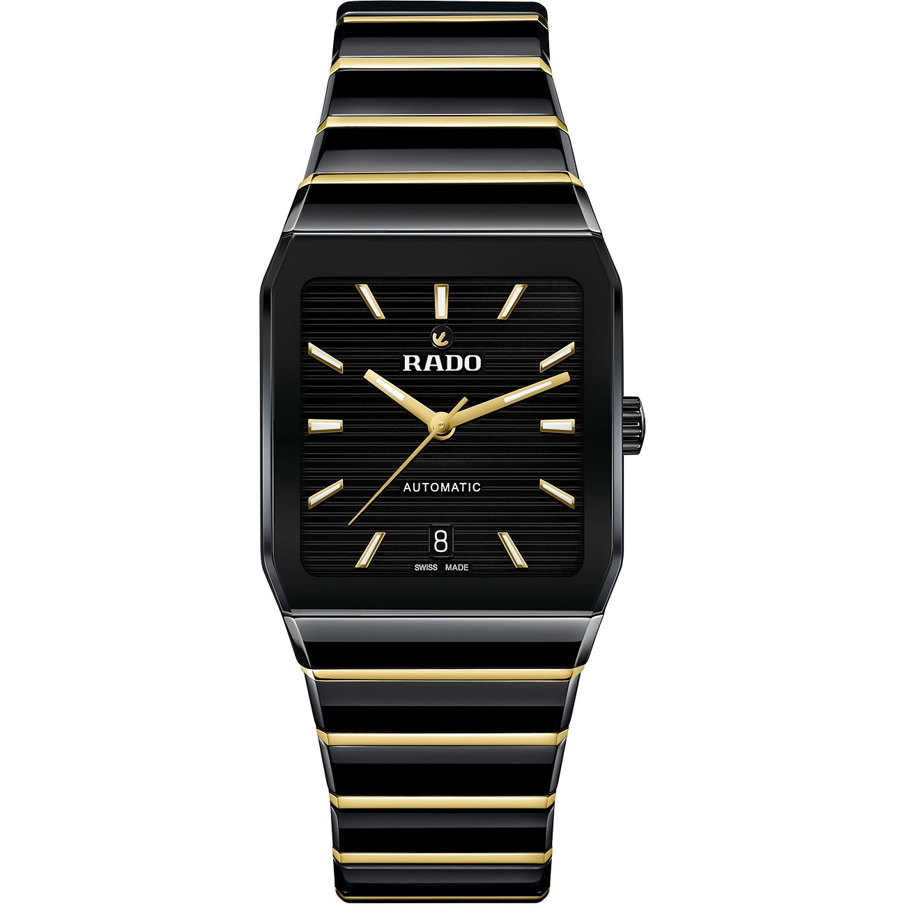 Rado Unisexuhr mit Edelstahlgehäuse, schwarzes Zifferblatt und goldfarbene Akzente.