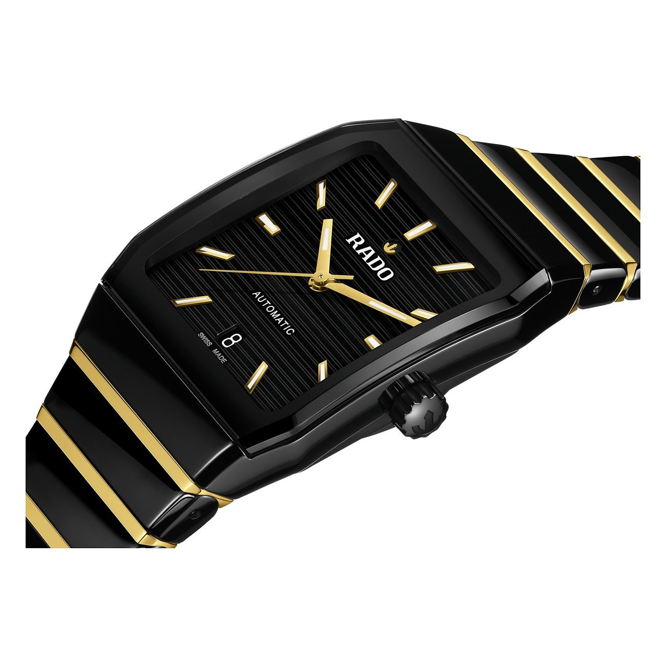 Rado Herrenuhr mit Edelstahlgehäuse, schwarz und goldfarben, analog.