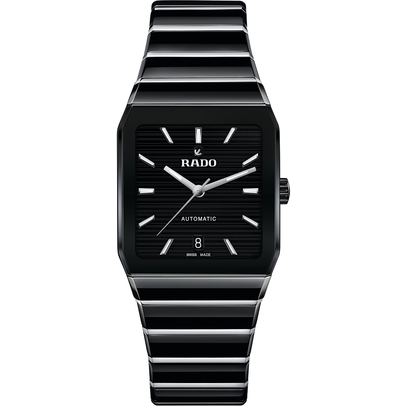 Rado Automatik Uhr mit Edelstahlgehäuse, schwarzem Zifferblatt und Datumsanzeige.