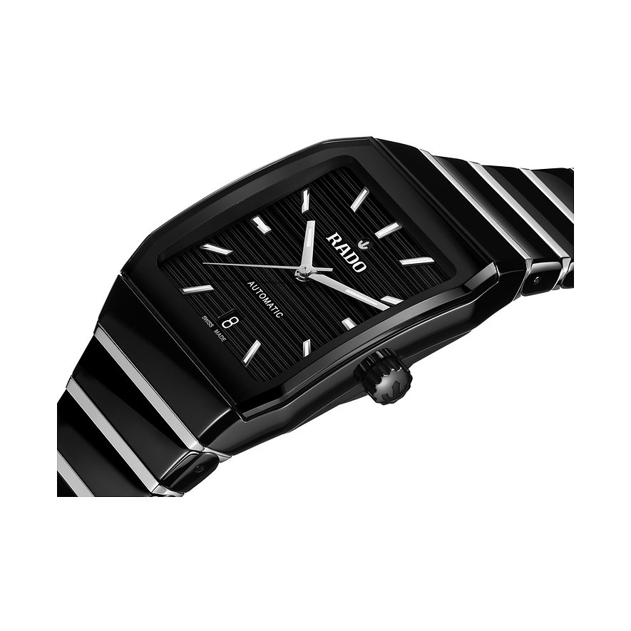 Rado Unisexuhr mit Edelstahlgehäuse, rechteckiges schwarzes Zifferblatt, analog.