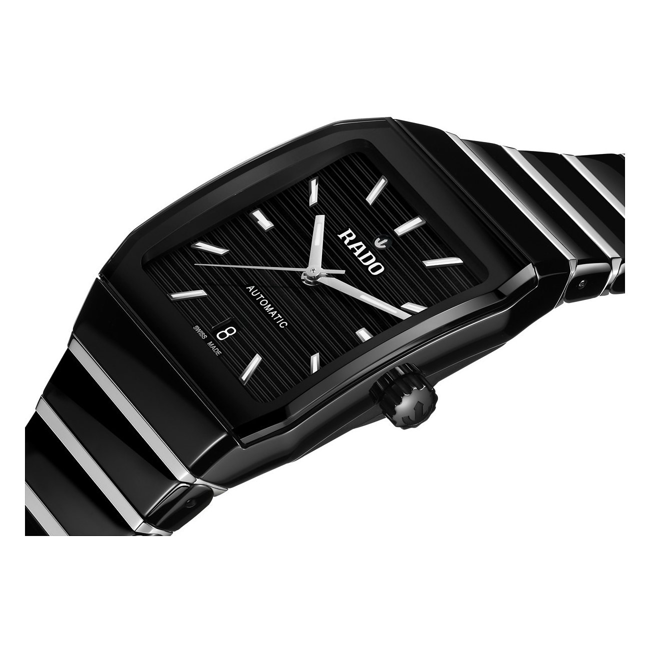 Rado Unisexuhr mit Edelstahlgehäuse, rechteckiges schwarzes Zifferblatt, analog.