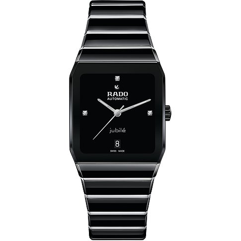 Rado Unisexuhr mit Edelstahlgehäuse, schwarzem Zifferblatt und Diamanten.
