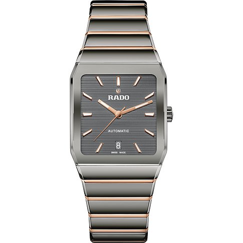 Rado Unisexuhr mit Edelstahlgehäuse, grauem Zifferblatt und roségoldfarbenen Akzenten.