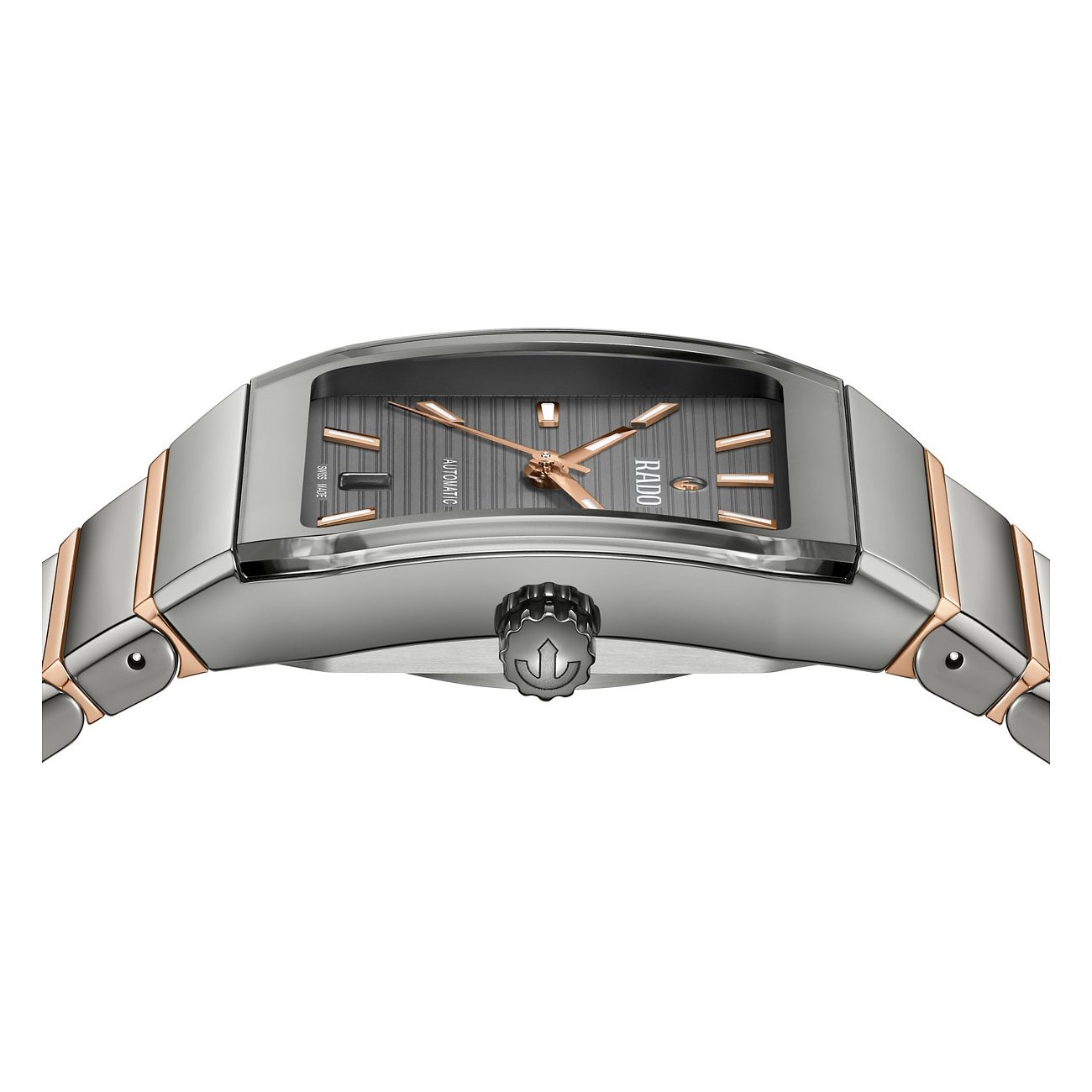 Rado Unisexuhr mit Edelstahlgehäuse, bicolor, analog mit Datumsanzeige.