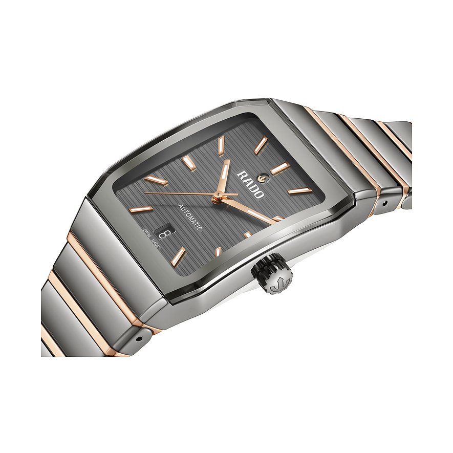 Rado Unisexuhr mit Edelstahlgehäuse, grauem Zifferblatt und roségoldfarbenen Akzenten.