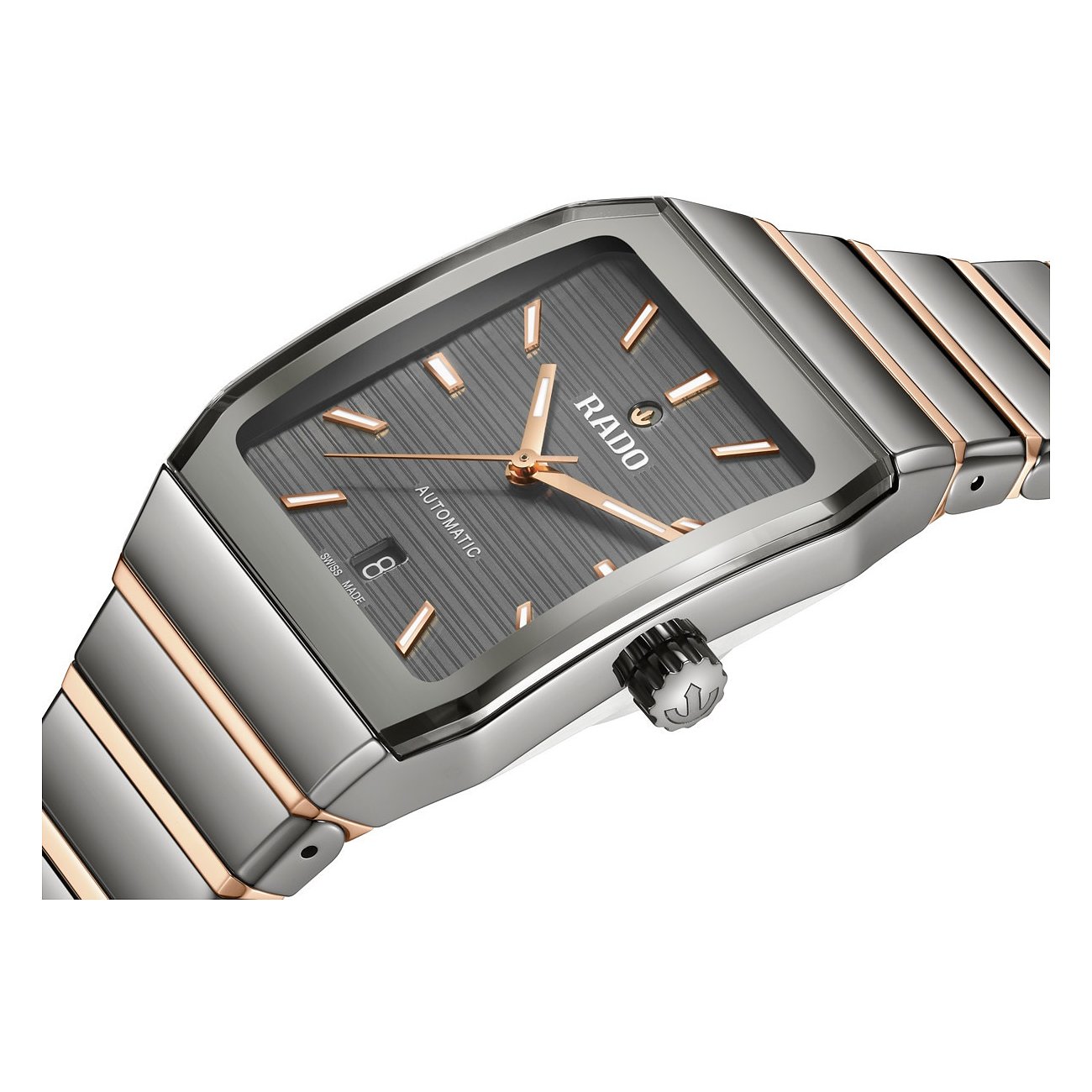 Rado Unisexuhr mit Edelstahlgehäuse, grauem Zifferblatt und roségoldfarbenen Akzenten.