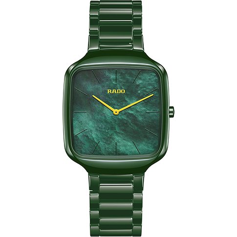 Rado Unisexuhr aus Keramik mit grünem Zifferblatt und gelben Zeigern.