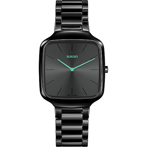 Rado Unisexuhr mit Keramikgehäuse, schwarzem Zifferblatt und mintfarbenen Zeigern.