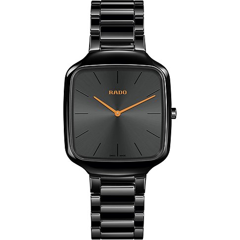 Rado Unisexuhr mit Keramikgehäuse, schwarzes Zifferblatt und orangefarbene Zeiger.