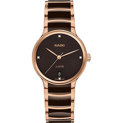 Rado Damenuhr aus Edelstahl mit Diamanten und braunem Zifferblatt.