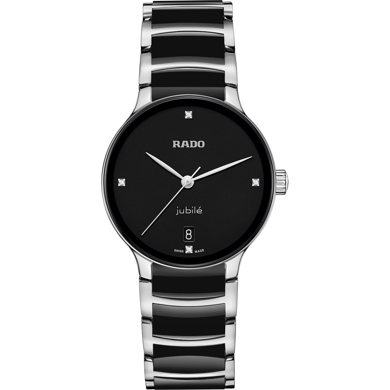 Rado Damenuhr aus Edelstahl mit schwarzem Zifferblatt und Diamanten.
