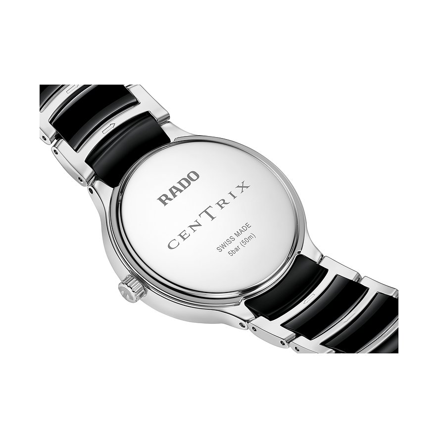 Rado Centrix Damenuhr aus Edelstahl mit Diamanten und schwarzem Armband.
