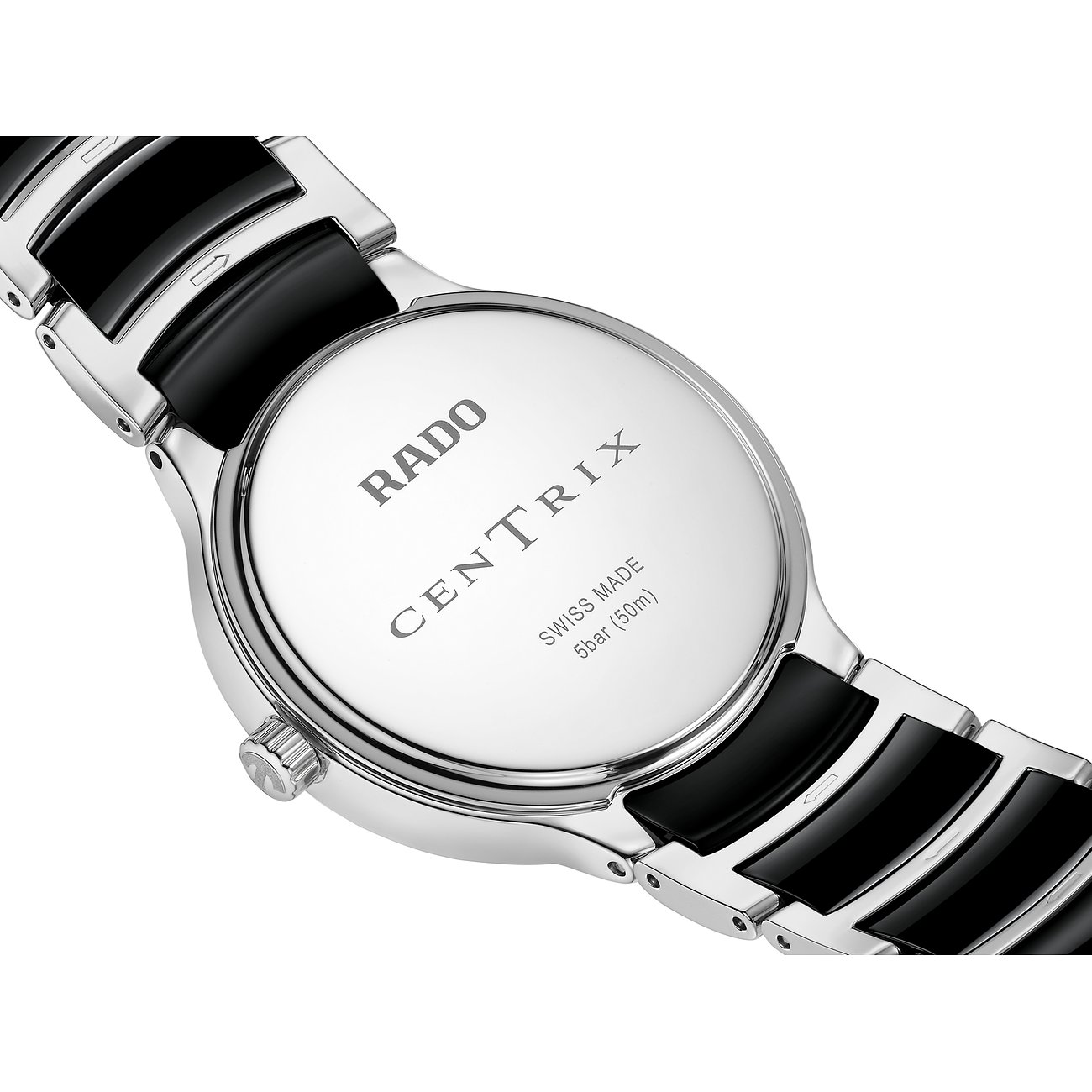 Rado Centrix Damenuhr aus Edelstahl mit Diamanten und schwarzem Armband.
