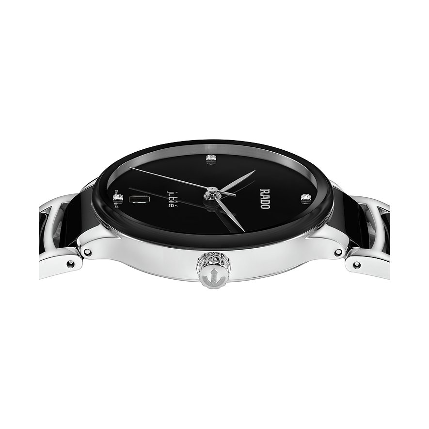 Rado Damenuhr mit Edelstahlgehäuse, schwarzem Zifferblatt und Diamanten.