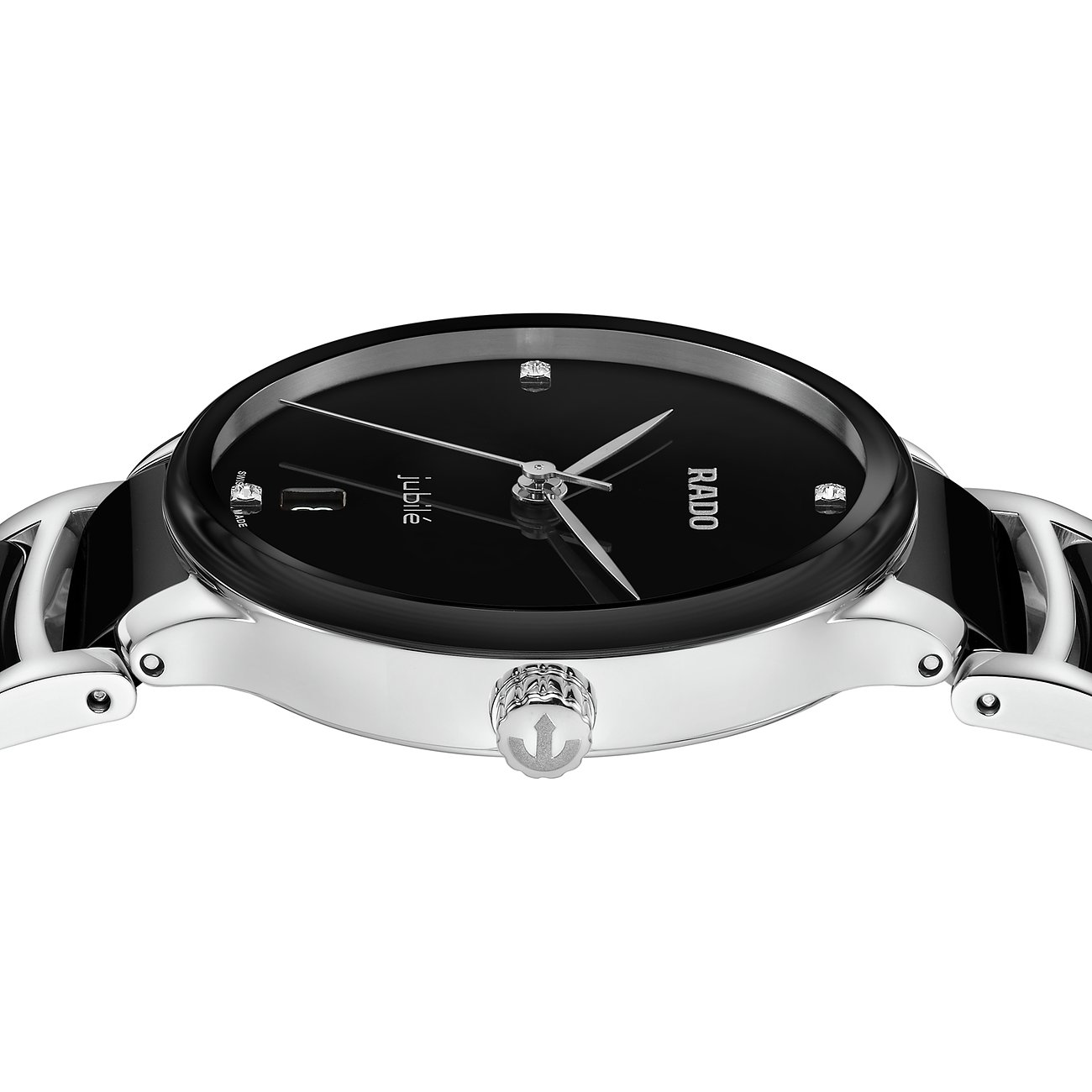 Rado Damenuhr mit Edelstahlgehäuse, schwarzem Zifferblatt und Diamanten.