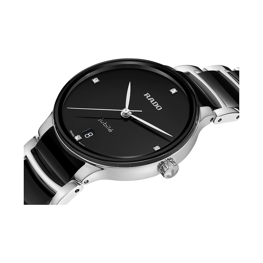 Rado Damenuhr mit Edelstahlgehäuse, schwarzem Zifferblatt und Diamanten.