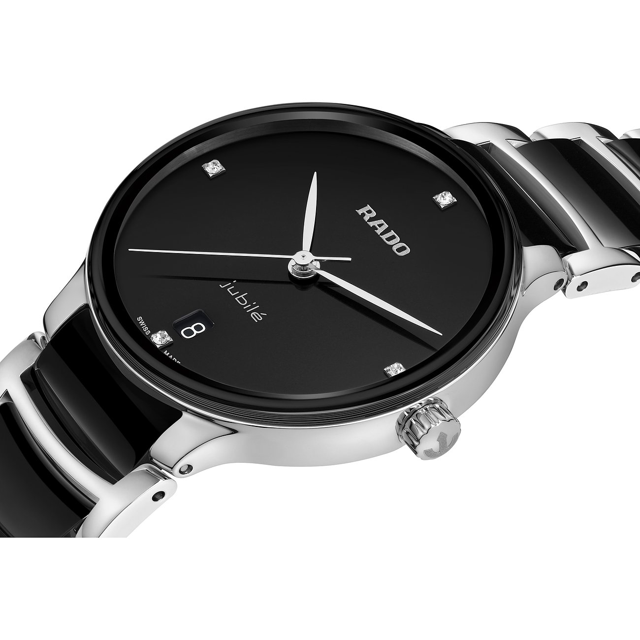 Rado Damenuhr mit Edelstahlgehäuse, schwarzem Zifferblatt und Diamanten.