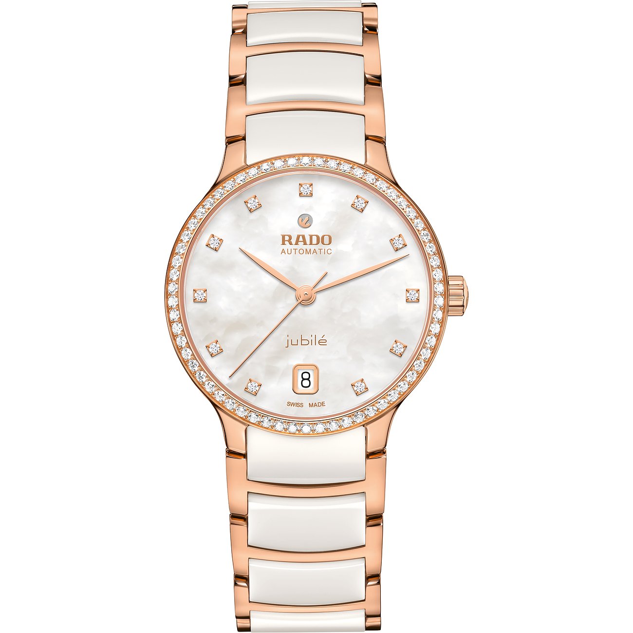 Rado Damenuhr aus Edelstahl mit Diamanten, analog, mit Datum und weißem Zifferblatt.