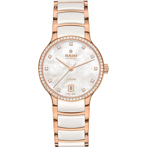 Rado Damenuhr aus Edelstahl mit Diamanten, analog, mit Datum und weißem Zifferblatt.