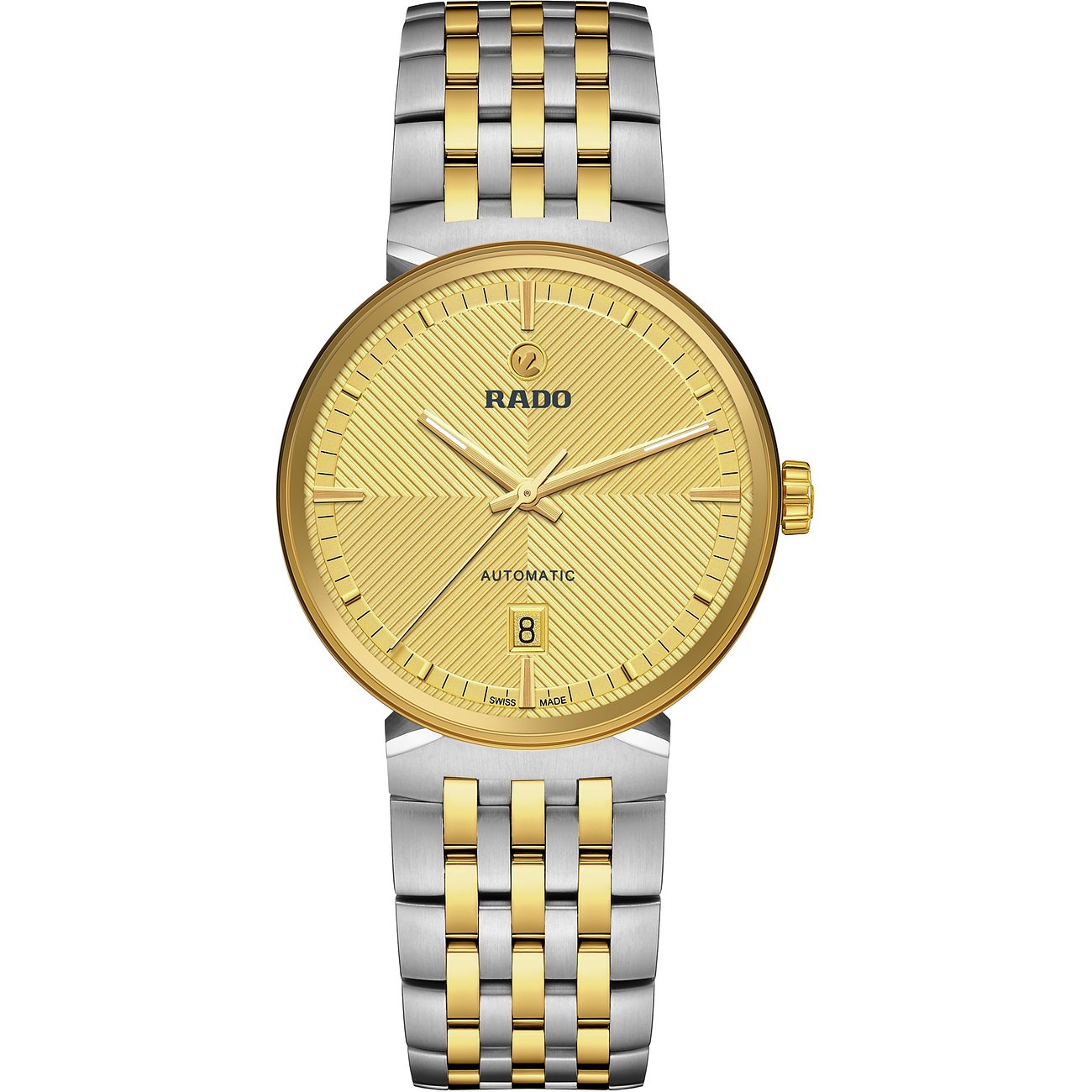 Rado Unisexuhr mit Edelstahlgehäuse, goldfarbenes Zifferblatt und bicolor Armband.