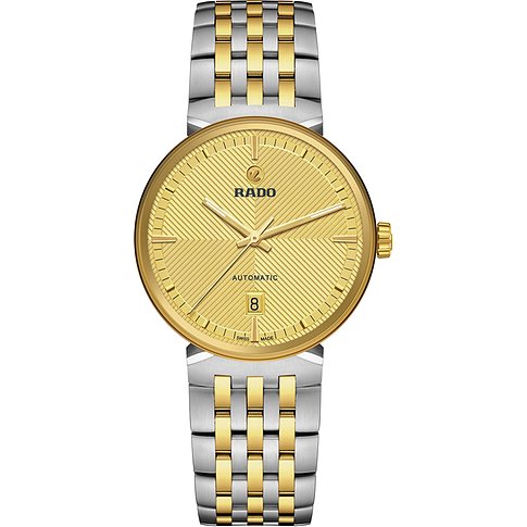 Rado Unisexuhr mit Edelstahlgehäuse, goldfarbenes Zifferblatt und bicolor Armband.
