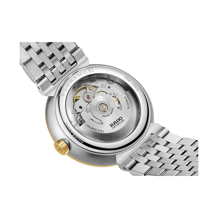 Rado Unisexuhr mit Edelstahlgehäuse, Automatikwerk und goldfarbenem Detail.