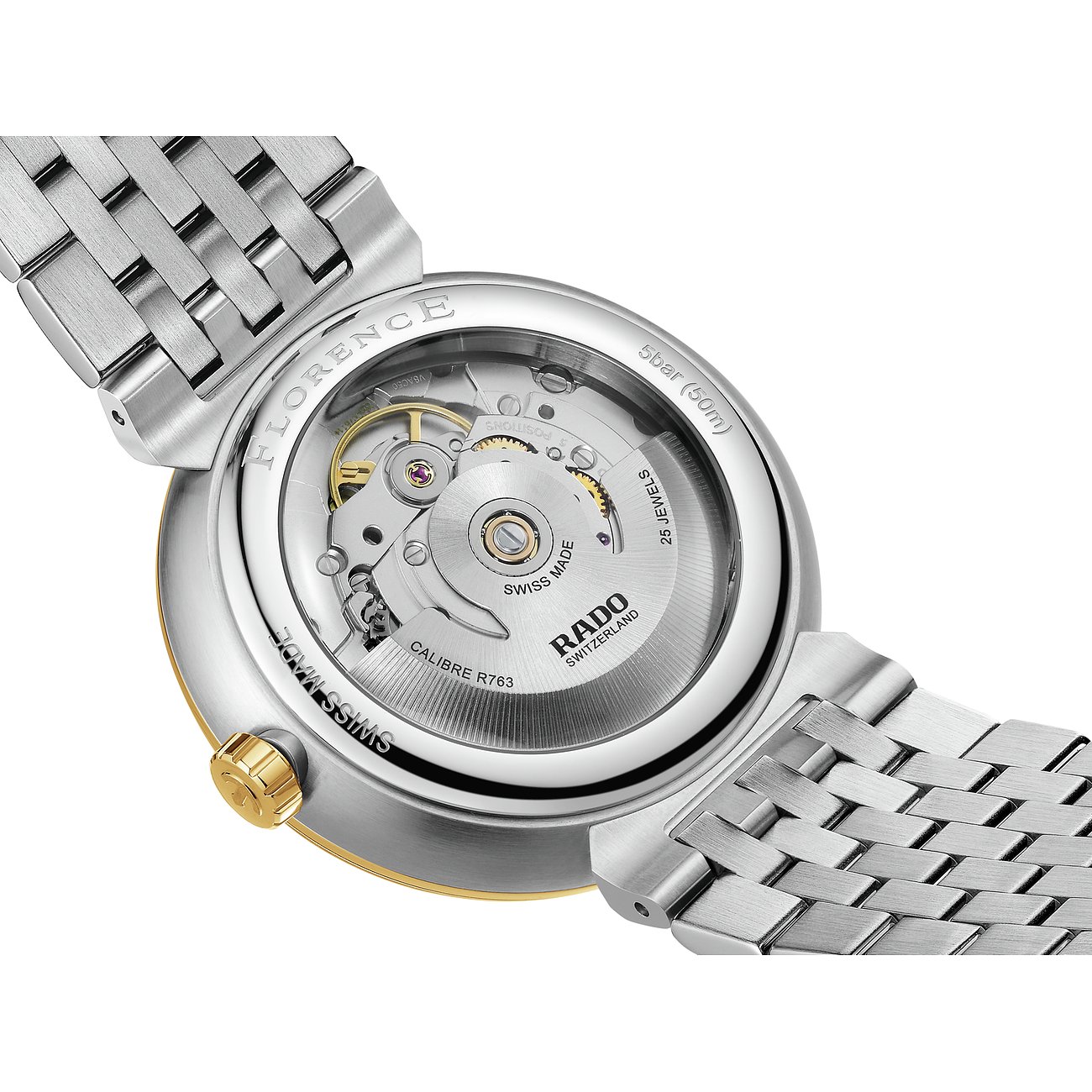 Rado Unisexuhr mit Edelstahlgehäuse, Automatikwerk und goldfarbenem Detail.