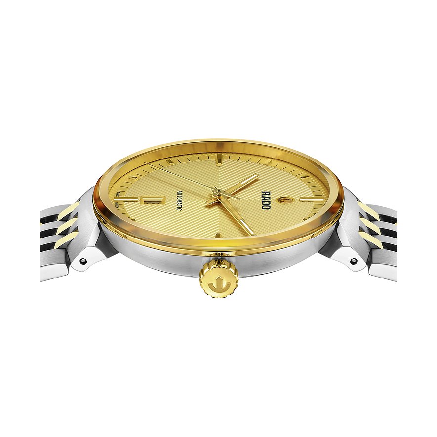 Rado Unisexuhr mit Edelstahlgehäuse, goldfarbenem Zifferblatt und bicolor-Armband.
