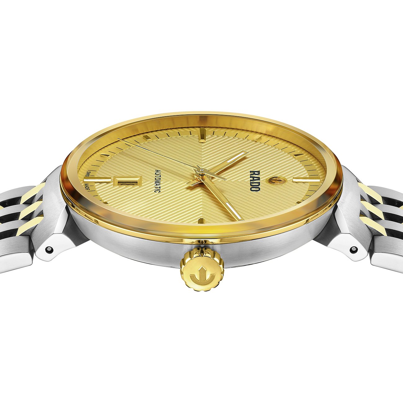 Rado Unisexuhr mit Edelstahlgehäuse, goldfarbenem Zifferblatt und bicolor-Armband.