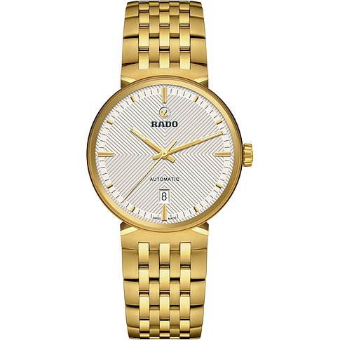 Rado Unisexuhr mit Edelstahlgehäuse, analog, mit Streifenmuster und Datumsanzeige.