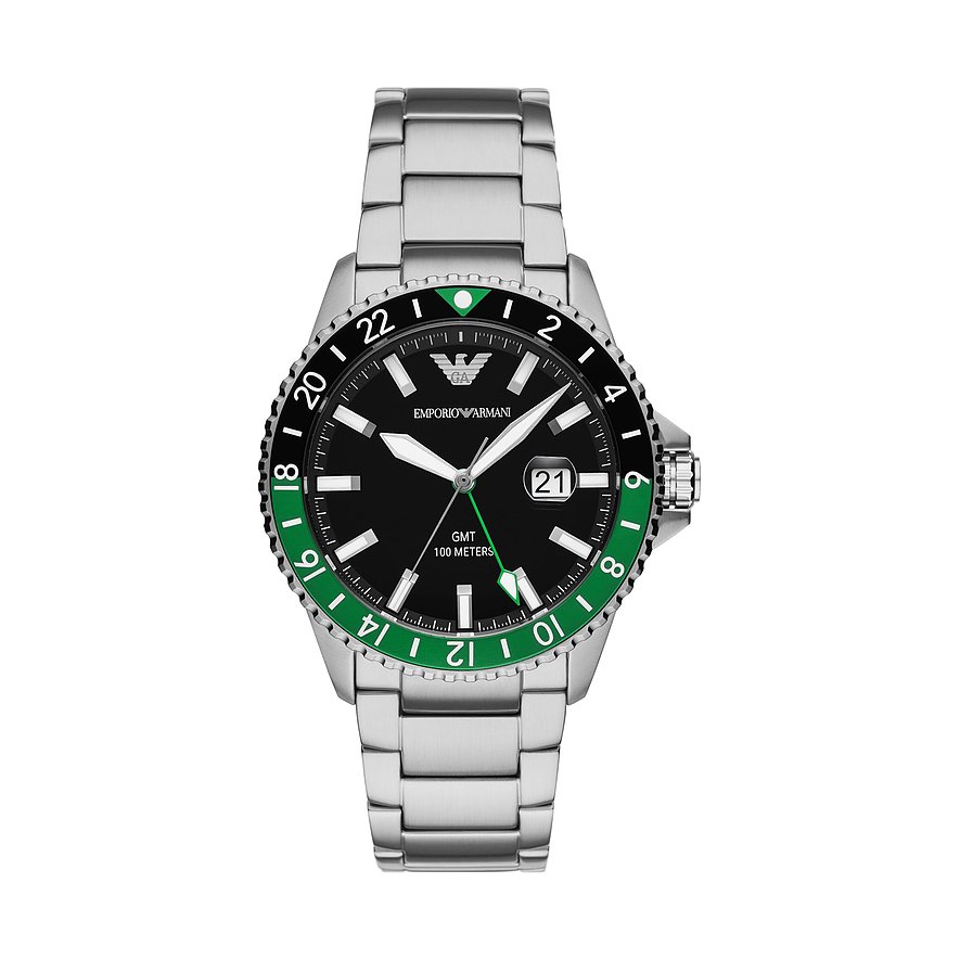 Emporio Armani Herrenuhr mit Edelstahlgehäuse, schwarzem Zifferblatt und grüner Lünette.