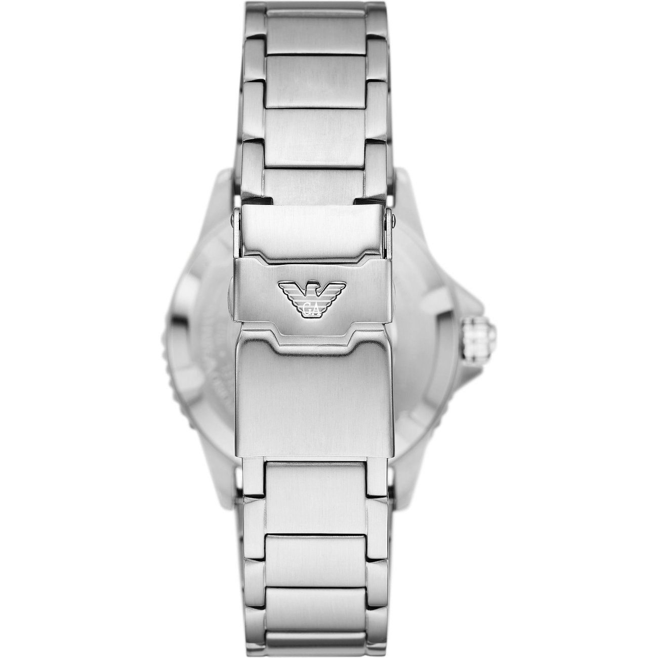 Emporio Armani Herrenuhr aus Edelstahl mit markentypischem Adler-Logo auf dem Verschluss.