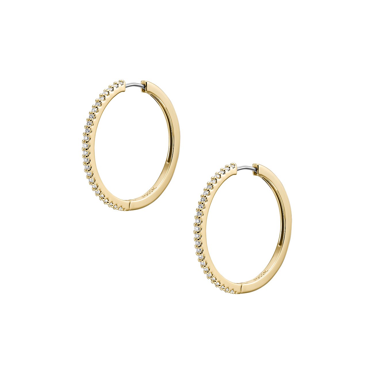 Fossil Creolen aus Metall mit Glassteinen, goldfarben.