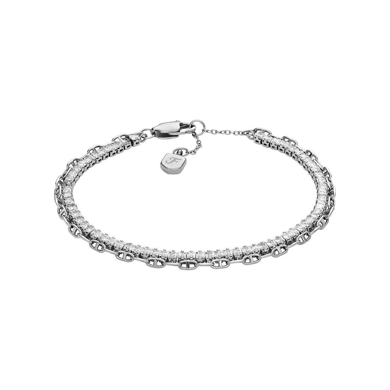 Fossil armbånd i sølvfarvet metal med glasperler.