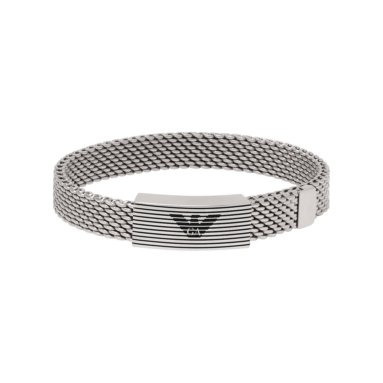 Bracelet Emporio Armani en acier inoxydable avec structure en maille et gravure du logo.