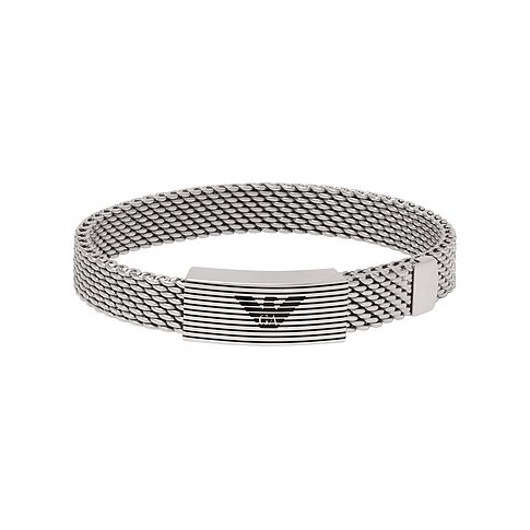 Bracciale Emporio Armani in acciaio inossidabile con struttura a rete e incisione del logo.