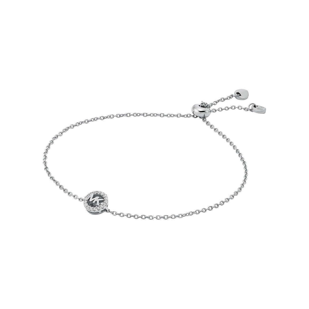 Michael Kors Armband aus 925er Silber mit filigraner Kette, mittigem Logo-Anhänger und klaren Zirkonia Steinen.