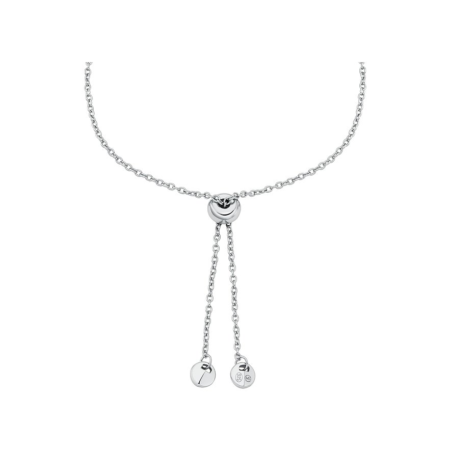 Ein glänzendes, silbernes Michael Kors Armband aus 925er Silber mit einer Kette und zwei Anhängern.