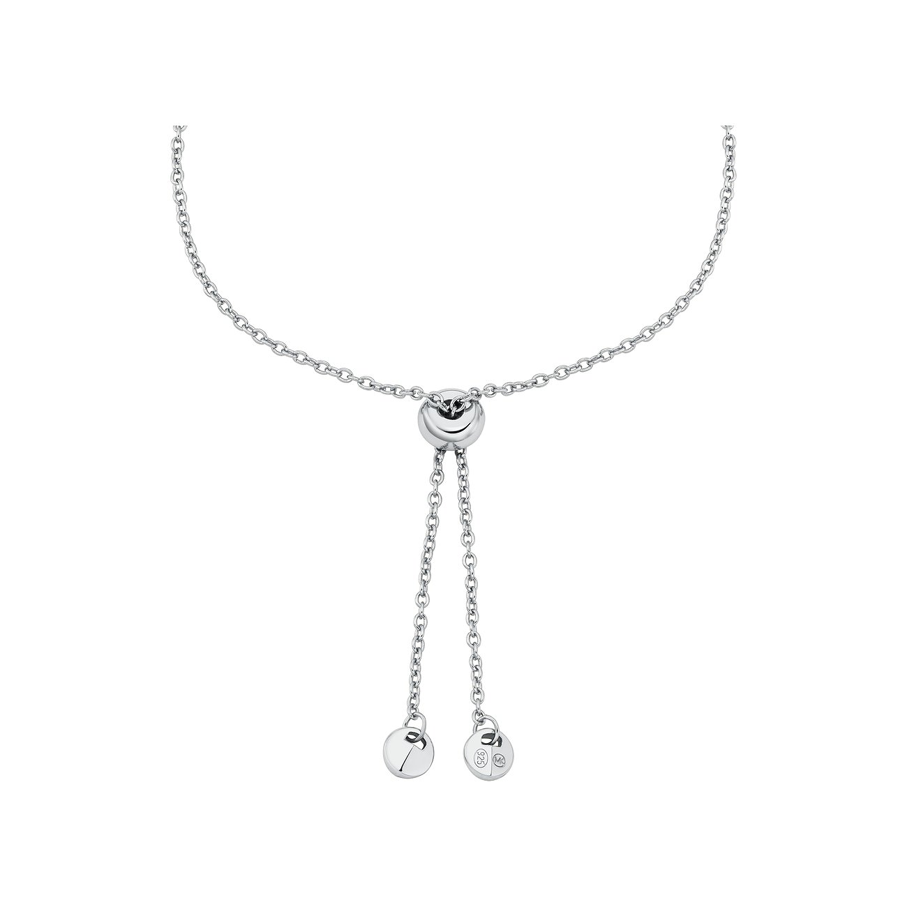 Ein glänzendes, silbernes Michael Kors Armband aus 925er Silber mit einer Kette und zwei Anhängern.