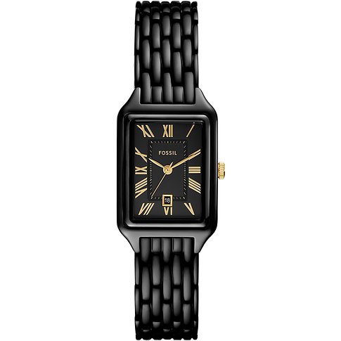 Fossil Damenuhr mit Edelstahlgehäuse, schwarzem Zifferblatt und römischen Ziffern.